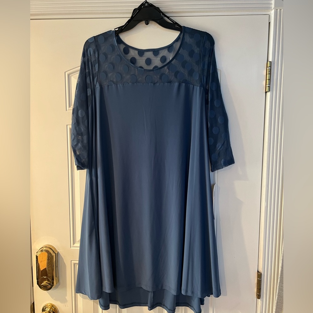 A high-low hem,swing dress, with a mesh trim that's patterned with polka dots.